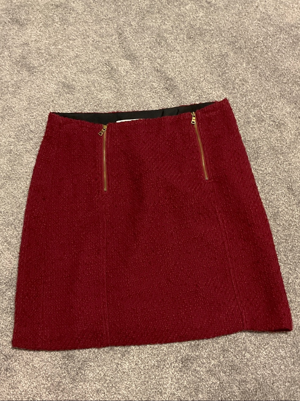 LOFT Burgundy Bouclé Mini Skirt with Gold Zippers